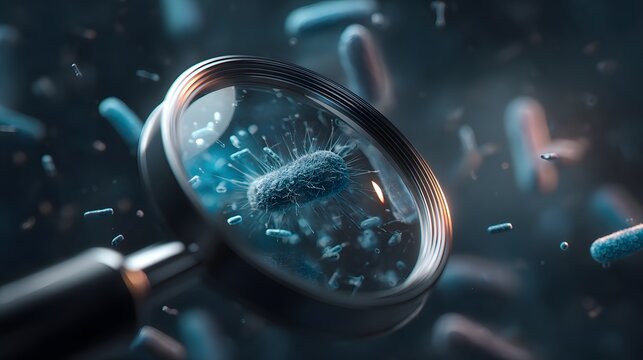 A magnified view of bacteria cells under a microscope with a dark blue and gray color scheme