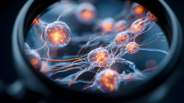 Microscopic view of nerve cells with glowing orange centers and blue translucent membranes around them
