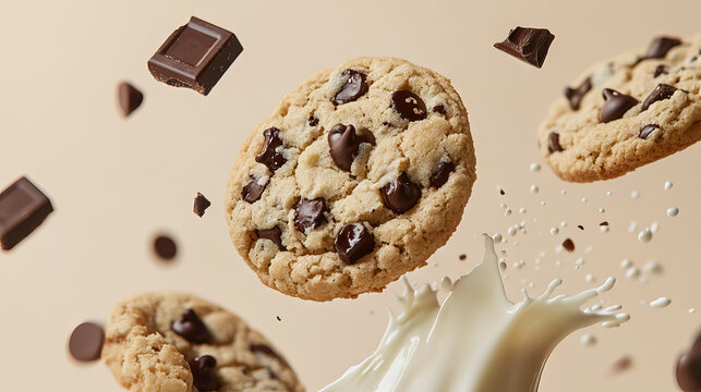 Elevated chocolate chip cookies in dynamic flight with splashing milk element for National Cookie Day, Chocolate Chip Cookie Week, Cookie Exchange Day, Homemade Cookies Day - Powered by Adobe