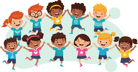 Cartoon children jumping together, diverse kids smiling, colorful outfits, joyful expressions, unity and celebration, flat vector, cad drawing illustration