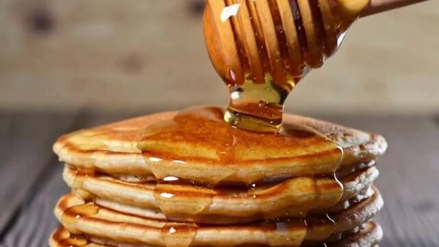 Honey dripping on stack of pancakes in slow motion breakfast food pancake syrup sweet delicious wooden dipper dessert tasty treat footage