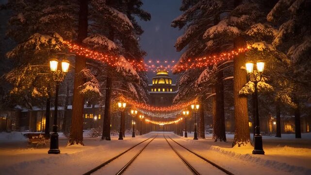 Enchanting Winter Wonderland with Festive Lights and Snow