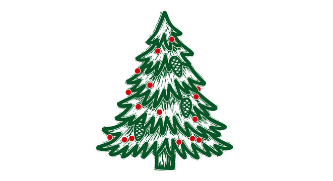 Festive green Christmas tree adorned with red baubles and pine cones, perfect for holiday invitations and seasonal designs