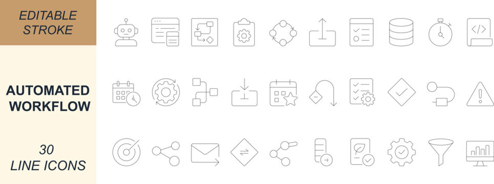 Automated workflow line icons featuring task, trigger, decision, integration, api, bot, dashboard, and efficiency. Perfect for system, business, and digital design. Editable stroke. 