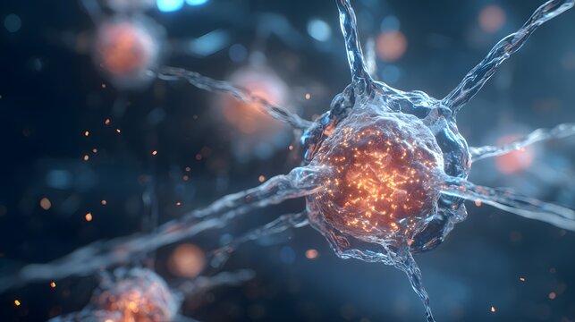 Close up view of neuron cells with glowing orange centers and blue dendrites on dark background - Powered by Adobe