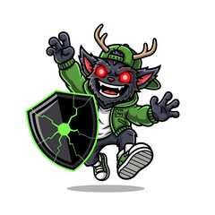 Personnage de dessin anim&eacute; de monstre effrayant avec des bois et un bouclier vert, style hip-hop.