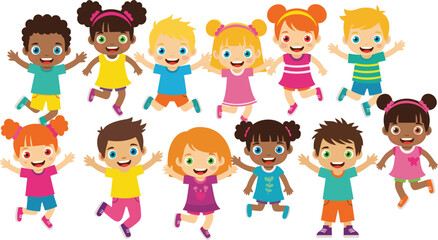 Jumping cartoon children, diverse kids group, joyful childhood moment, playful energy, colorful outfits, flat vector, cad drawing, white background