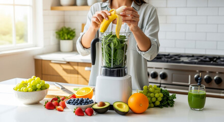 Woman preparing a fresh, healthy green smoothie with fruits and vegetables in a bright kitchen.