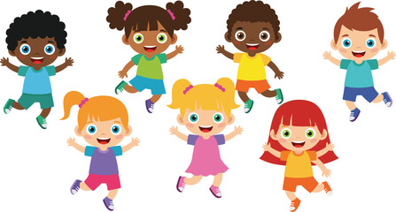 Jumping cartoon children, diverse kids group, happy childhood moment, playful energy, colorful outfits, flat vector, cad drawing, white background