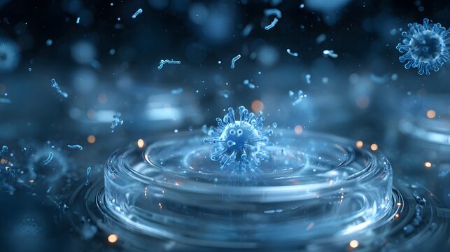 A microscopic view of viruses floating above petri dishes in a laboratory setting with blue lighting