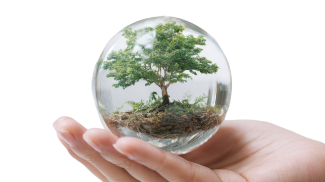 Hand holding clear glass globe from Bali with small green tree growing inside showing environmental care on white background