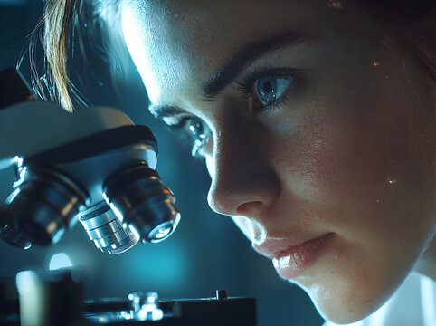 portrait of a female researcher holding a microscope