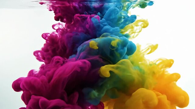 Vibrant magenta, striking blue, and brilliant yellow liquid paints intricately swirl and diffuse in clear water against a pristine white background. This mesmerizing abstract visual captures the elega