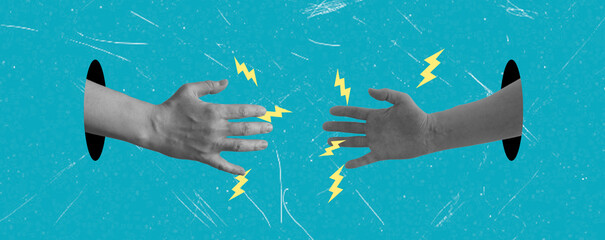 Art collage, Hands reaching out to each other with electric energy on a bright blue background