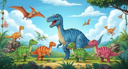 A vibrant cartoon illustration of a diverse group of dinosaurs in a lush prehistoric jungle setting