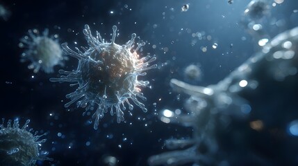 Microscopic view of virus particles floating in a dark blue liquid environment with bright highlights