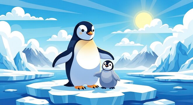 Two penguins, an adult and a chick, stand on an ice floe under a bright sun and blue sky with snowy mountains in the background