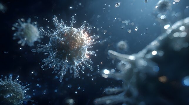 Microscopic view of virus particles floating in a dark blue liquid environment with bright highlights