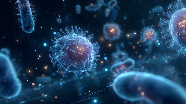 Microscopic view of viruses and bacteria floating in a dark blue liquid with glowing particles