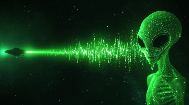 Futuristic alien communication concept showing extraterrestrial being receiving digital signal from spaceship in deep space with glowing green light and sound wave