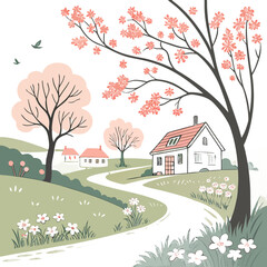 Illustration of a serene landscape with houses, trees, flowers, and birds in a peaceful setting