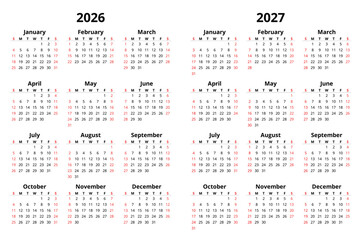 2026 and 2027 simple calendar. English year design (week starts sunday)