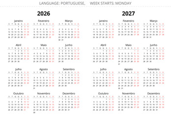 Portuguese calendar set for 2026 and 2027 year. Simple vector illustration Portugal