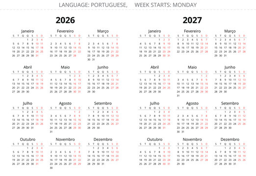 Portuguese calendar set for 2026 and 2027 year. Simple vector illustration Portugal