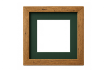 Wooden picture frame with dark green mat creating an empty square space for displaying artwork on a transparent background