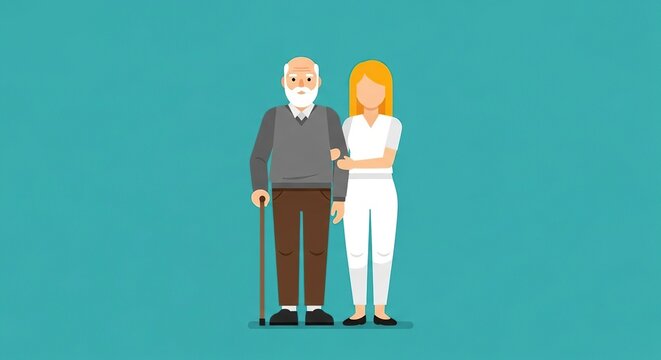 Elderly man with cane leaning on a younger woman, symbolizing care and support
