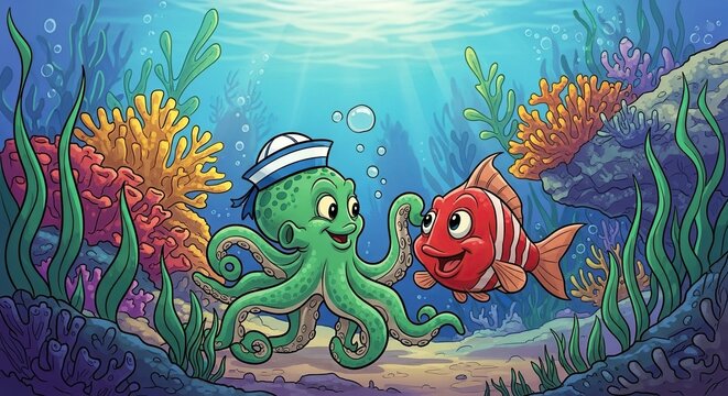 Cute cartoon octopus wearing a sailor hat and a clownfish swimming together in a vibrant coral reef under the sea - Powered by Adobe