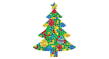 Vibrant mosaic Christmas tree adorned with colorful ornaments and a shining star, perfect for festive holiday designs and joyful celebrations