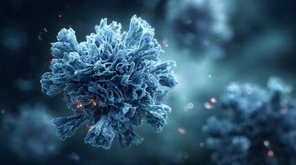 Close up view of a detailed blue virus cell structure with a blurred background and light particles