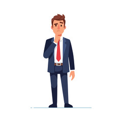 Thoughtful businessman standing, contemplating decisions, problem-solving, facing challenges, uncertainty.