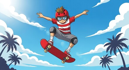 Young boy in protective gear performing a trick on a skateboard against a bright blue sky with palm trees