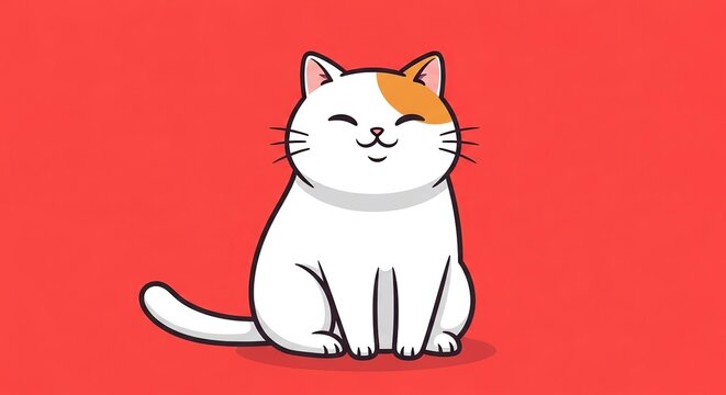 Cute cartoon white cat with orange patch on head smiling happily on a red background