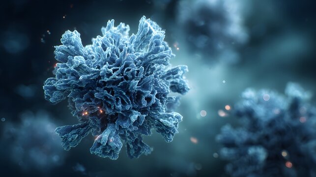 Close up view of a detailed blue virus cell structure with a blurred background and light particles
