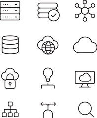 Cloud Computing & Network Technology Line Icon Set &ndash; Server, Database, Internet, Security & AI Symbols