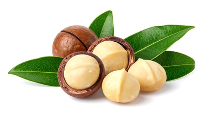 Macadamia nuts with leaves on a white background, close-up.