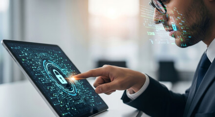 Man uses futuristic tablet with digital security interface for data protection and privacy