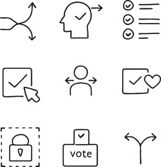 Decision Making & Voting Line Icon Set &ndash; Checklist, Choice, Approval, Lock & Arrow Symbols