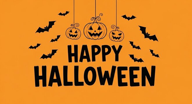 Happy halloween text with pumpkins and bats on orange background