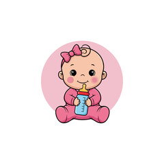 Adorable smiling baby girl cartoon illustration, sweet infant holding milk bottle, pink background, cute design