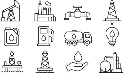 Oil, Gas, Petroleum, and Energy Industry Line Icons Set