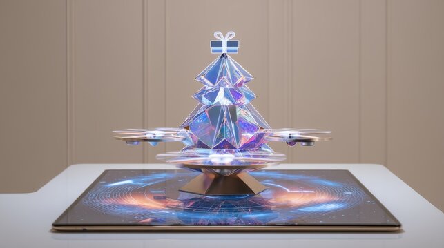 A digital Christmas tree with a holographic design. The tree features vibrant colors and a gift on top. It is displayed on a futuristic platform.