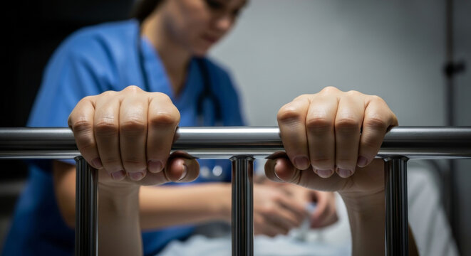 Patient's hands grip hospital bed rail as caregiver provides comfort and care.