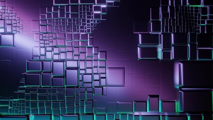 Abstract geometric background, metallic cubes blocks, varying sizes. Dynamic futuristic design, vibrant purple teal gradient. Glowing edges, digital technology concept. Modern, data, network. - Powered by Adobe
