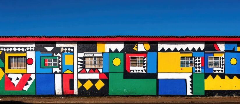 Bold Ndebele Geometric Mural Adorns Building Wall with Windows Against Bright Blue Sky