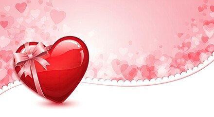 Glossy red heart with a ribbon bow on a soft pink background with bokeh effect