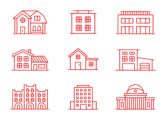 Collection of Red Line Art Icons Representing Various Buildings